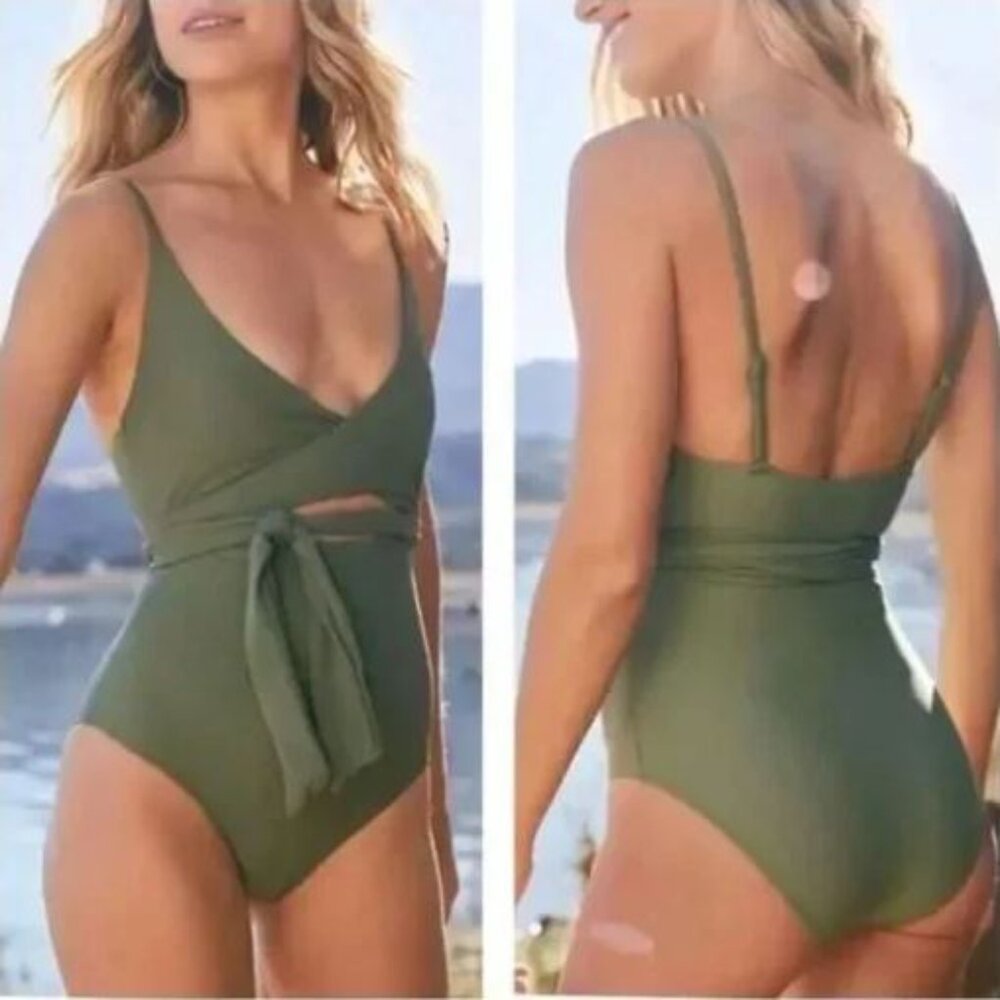 Aerie Sage Green Wrap One Piece Swimsuit